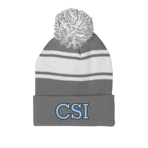 Grey/White Two Tone Knit Pom Beanie w/Cuff-CSI