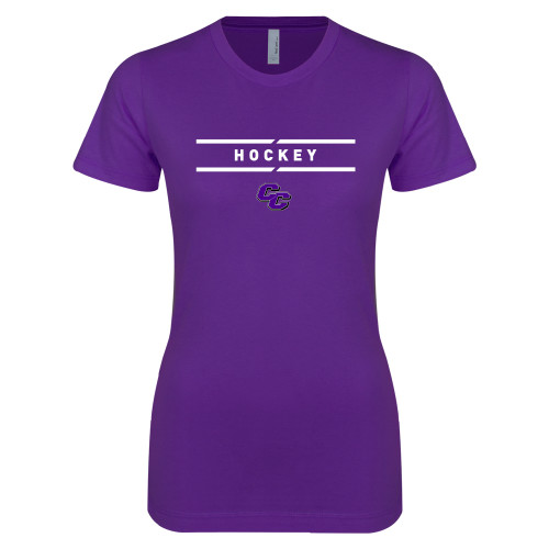  Next Level Womens Purple Boyfriend Tee - Curry College Hockey Text with Lines