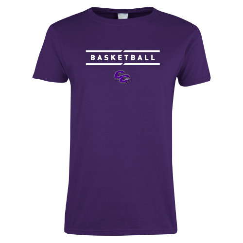  Womens Purple Short Sleeve Tee - Curry College Basketball Text with Lines