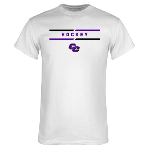  White T Shirt - Curry College Hockey Text with Lines