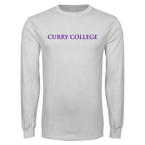  White Long Sleeve T Shirt - Curry College Wordmark Flat