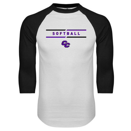  White/Black Raglan Baseball T Shirt - Curry College Baseball Text with Lines