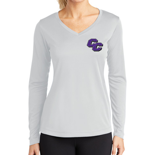  Womens White Performance Long Sleeve V Neck Shirt - Curry College Primary Athletic Mark