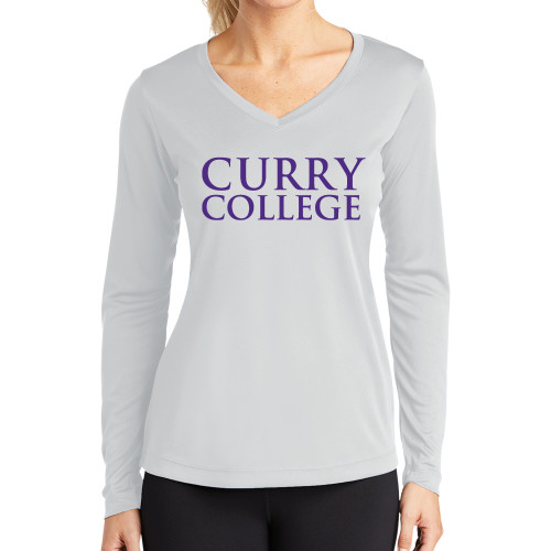  Womens White Performance Long Sleeve V Neck Shirt - Curry College Wordmark Stacked
