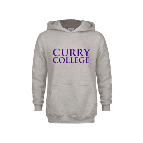  Youth Grey Fleece Hood - Curry College Wordmark Stacked