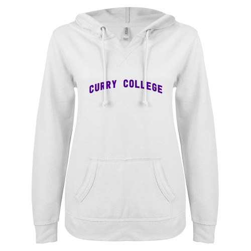  ENZA Womens White V Notch Raw Edge Fleece Hoodie - Curry College Arched Design