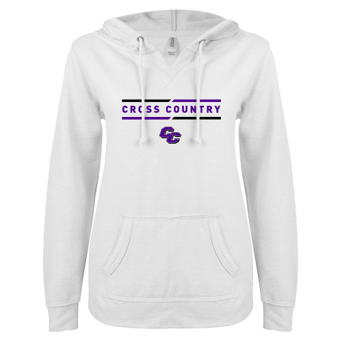  ENZA Womens White V Notch Raw Edge Fleece Hoodie - Curry College Cross Country Text with Lines