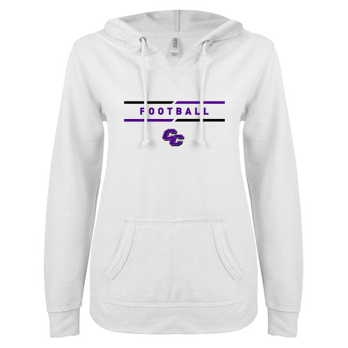  ENZA Womens White V Notch Raw Edge Fleece Hoodie - Curry College Football Text with Lines