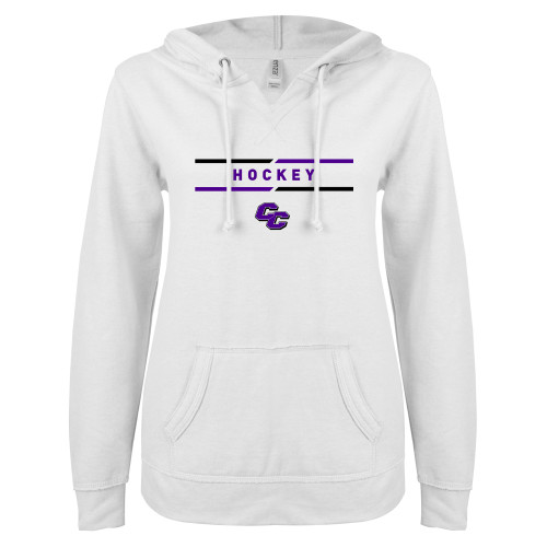  ENZA Womens White V Notch Raw Edge Fleece Hoodie - Curry College Hockey Text with Lines