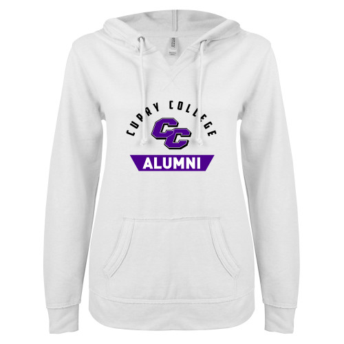  ENZA Womens White V Notch Raw Edge Fleece Hoodie - Curry College Alumni