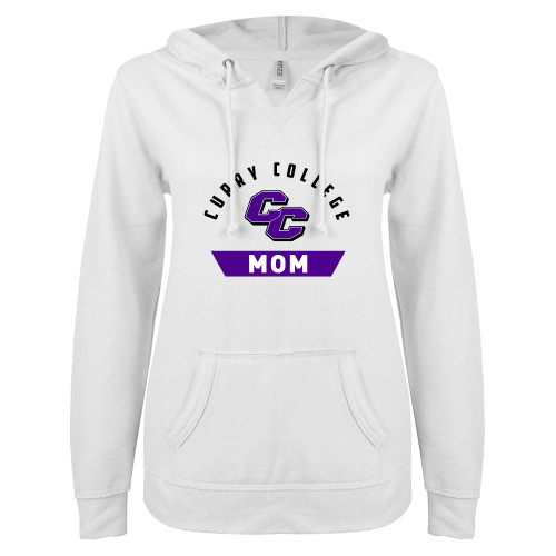  ENZA Womens White V Notch Raw Edge Fleece Hoodie - Curry College Mom