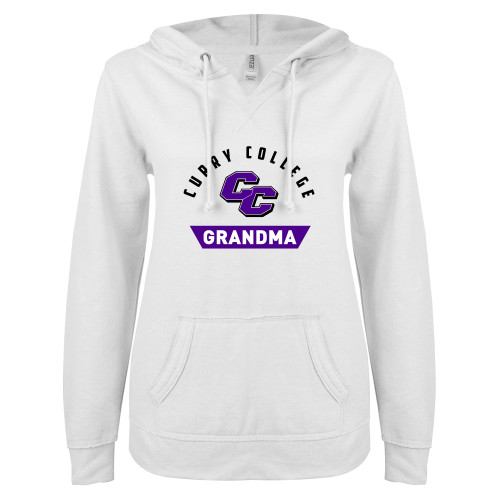 Curry College ENZA Womens White V Notch Raw Edge Fleece Hoodie