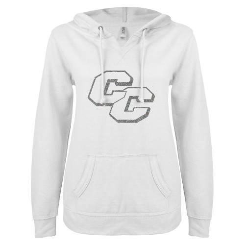  ENZA Womens White V Notch Raw Edge Fleece Hoodie - A Silver Soft Glitter