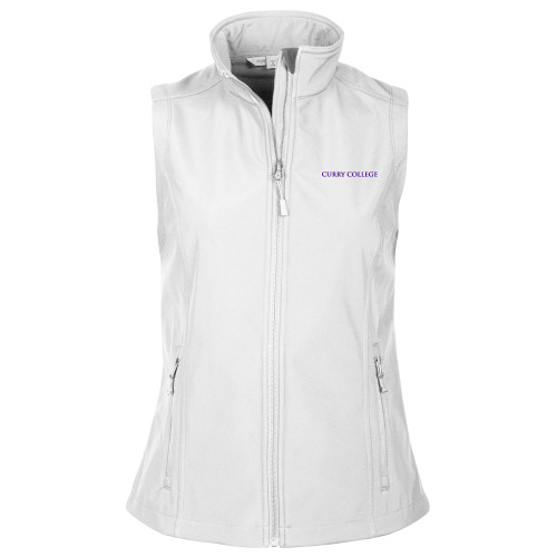  Womens White Core Softshell Vest - Curry College Wordmark Flat