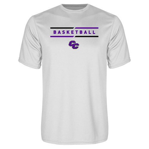  White Performance Tee - Curry College Basketball Text with Lines