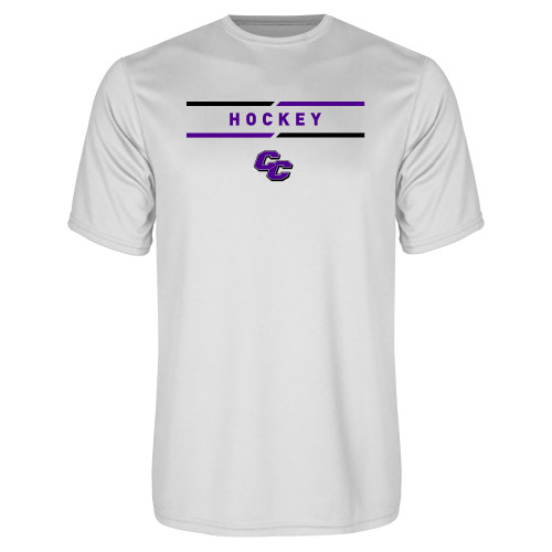  White Performance Tee - Curry College Hockey Text with Lines