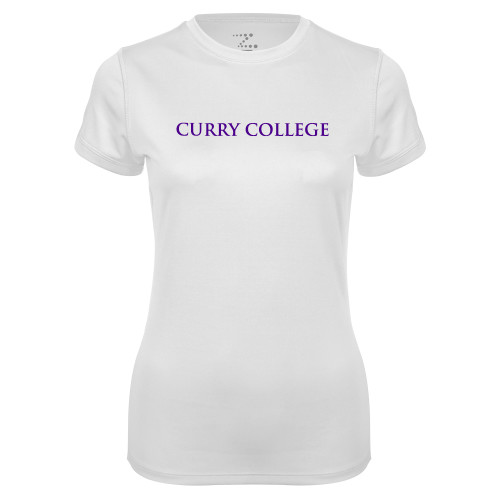  Womens White Performance Tee - Curry College Wordmark Flat