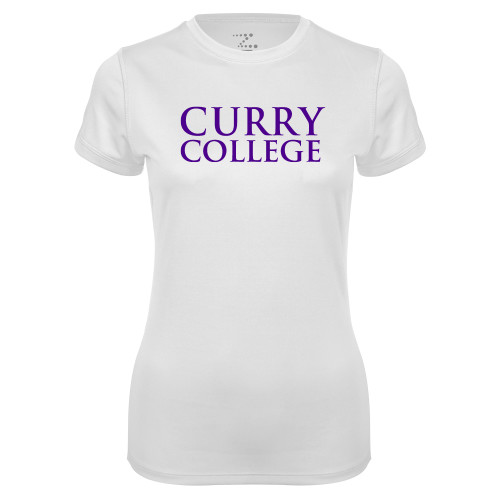  Womens White Performance Tee - Curry College Wordmark Stacked