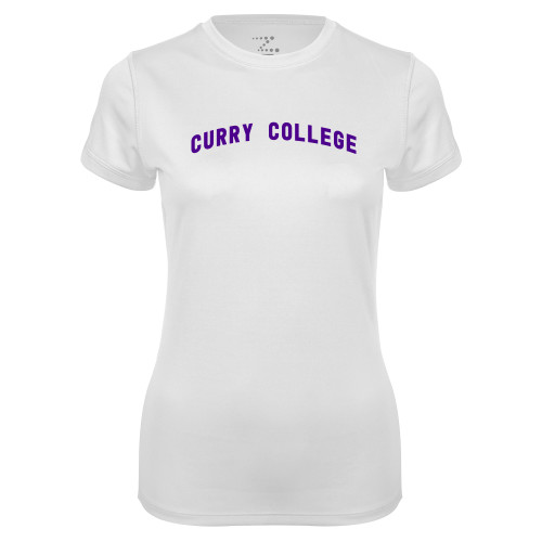  Womens White Performance Tee - Curry College Arched Design
