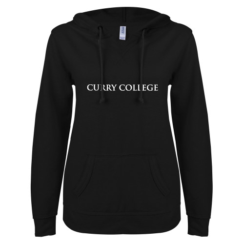  ENZA Womens Black V Notch Raw Edge Fleece Hoodie - Curry College Wordmark Flat