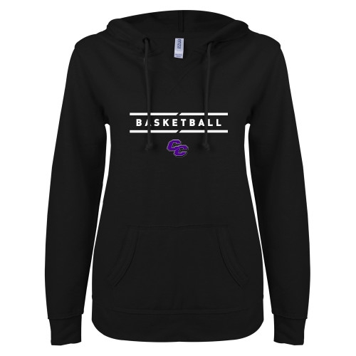  ENZA Womens Black V Notch Raw Edge Fleece Hoodie - Curry College Basketball Text with Lines