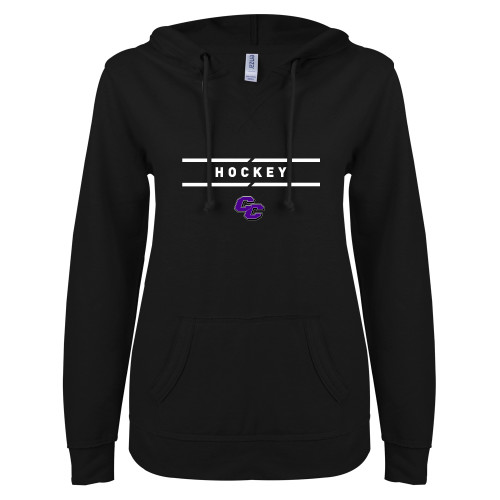  ENZA Womens Black V Notch Raw Edge Fleece Hoodie - Curry College Hockey Text with Lines