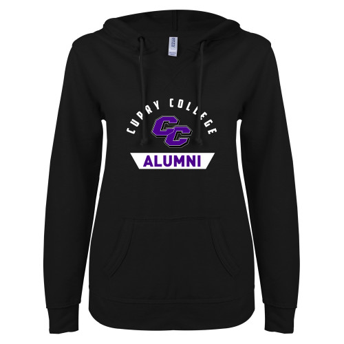  ENZA Womens Black V Notch Raw Edge Fleece Hoodie - Curry College Alumni