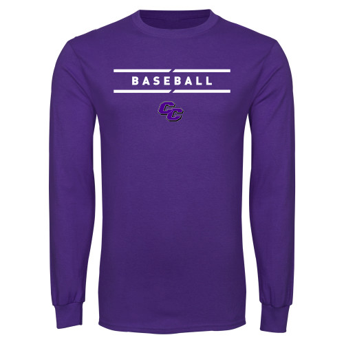  Purple Long Sleeve T Shirt - Curry College Baseball Text with Lines