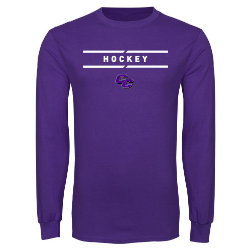  Purple Long Sleeve T Shirt - Curry College Hockey Text with Lines