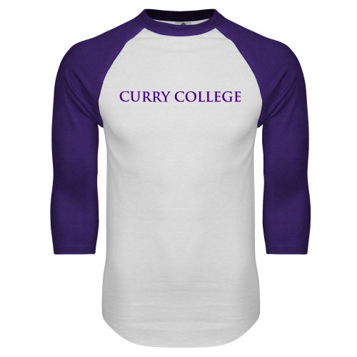  White/Purple Raglan Baseball T Shirt - Curry College Wordmark Flat