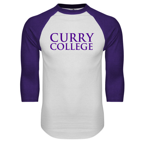  White/Purple Raglan Baseball T Shirt - Curry College Wordmark Stacked