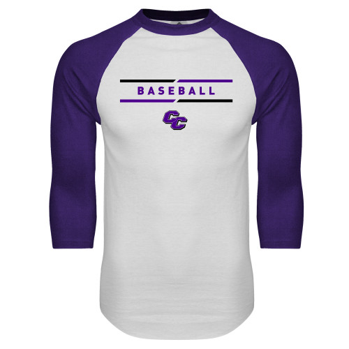  White/Purple Raglan Baseball T Shirt - Curry College Baseball Text with Lines