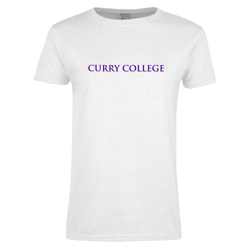  Womens White Short Sleeve Tee - Curry College Wordmark Flat