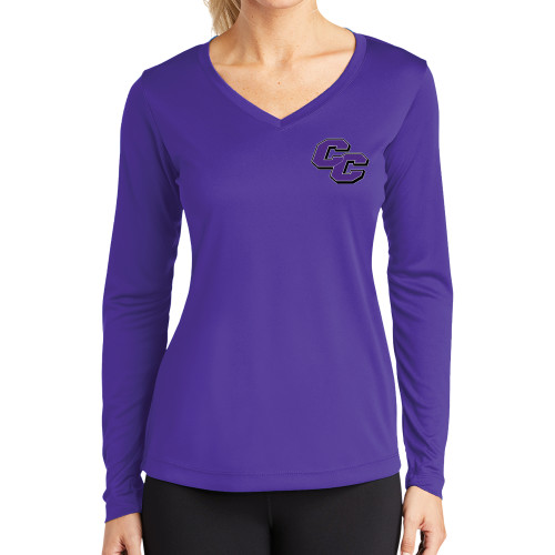  Womens Purple Performance Long Sleeve V Neck Shirt - Curry College Primary Athletic Mark