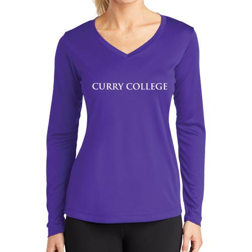  Womens Purple Performance Long Sleeve V Neck Shirt - Curry College Wordmark Flat