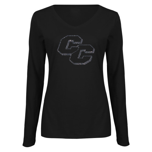  Womens Black Long Sleeve V Neck Tee  - F Graphite Soft Glitter