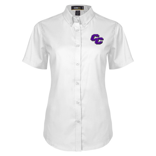  Womens White Twill Button Up Short Sleeve - Curry College Primary Athletic Mark