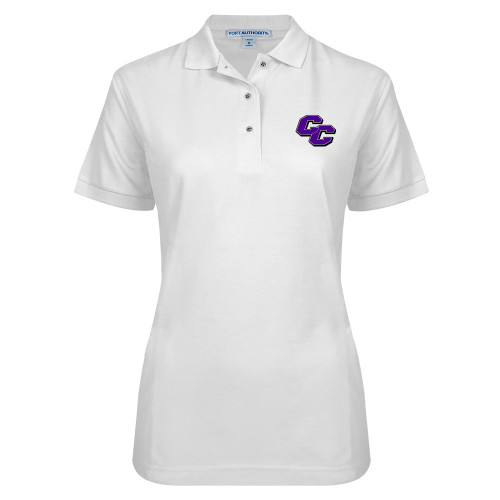  Womens Silk Touch White Pique Polo - Curry College Primary Athletic Mark