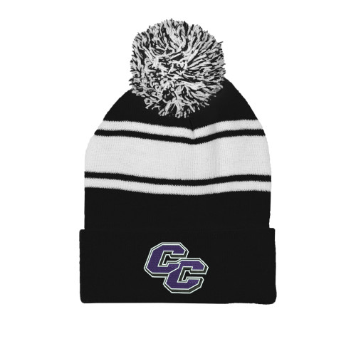  Black/White Two Tone Knit Pom Beanie w/Cuff - Curry College Primary Athletic Mark
