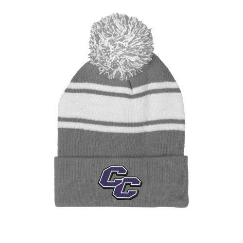  Grey/White Two Tone Knit Pom Beanie w/Cuff - Curry College Primary Athletic Mark