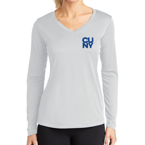 City University of NY Womens White Performance Long Sleeve V Neck Shirt-Primary Mark