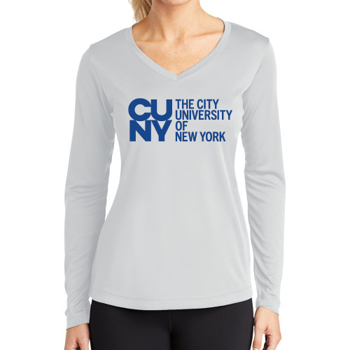 City University of NY Womens White Performance Long Sleeve V Neck Shirt-University Artwork