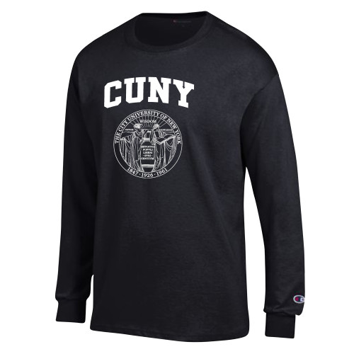 City University of NY Champion Black Long Sleeve T Shirt-Arched CUNY with Seal
