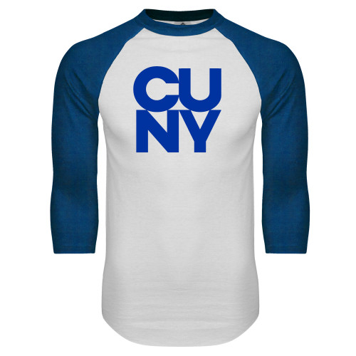 City University of NY White/Royal Raglan Baseball T Shirt-Primary Mark
