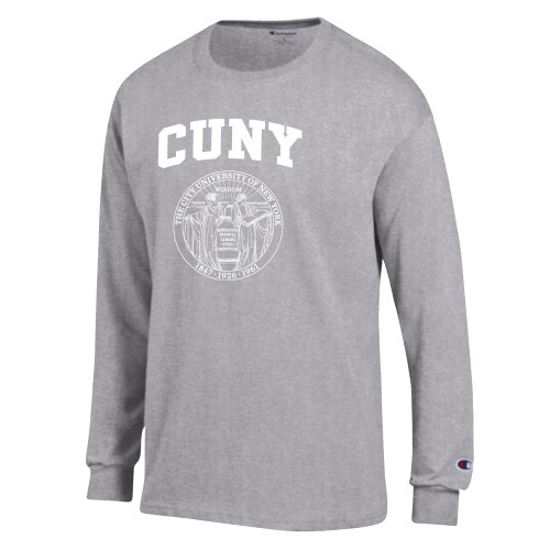 City University of NY Champion Oxford Grey Long Sleeve T Shirt-Arched CUNY with Seal