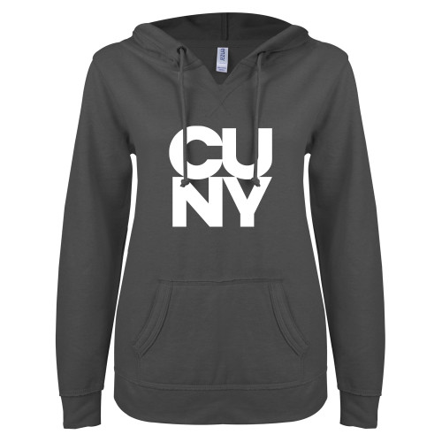 City University of NY ENZA Womens Dark Heather V Notch Raw Edge Fleece Hoodie-Primary Mark