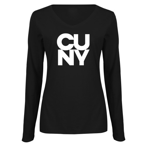 City University of NY Womens Black Long Sleeve V Neck Tee -Primary Mark