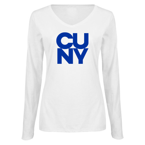 City University of NY Womens White Long Sleeve V Neck Tee-Primary Mark
