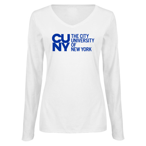 City University of NY Womens White Long Sleeve V Neck Tee-University Artwork