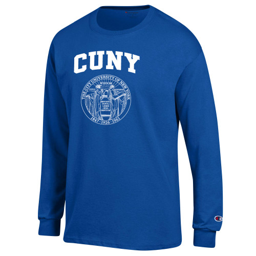 City University of NY Champion Royal Long Sleeve T Shirt-Arched CUNY with Seal